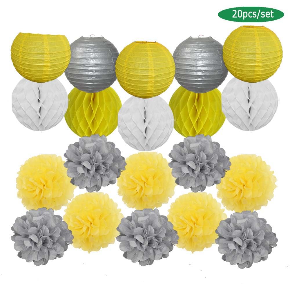 Papierlaterne, rund, für Hochzeit, Party, 15,2 cm, 30,5 cm, Gold, Schwarz, Weiß, Baby, Jungen, Mädchen, Taufdekoration, 18. 30. Geburtstag, Seidenpapier, Pompon, Silber, Rot, Set, ca. 25 cm