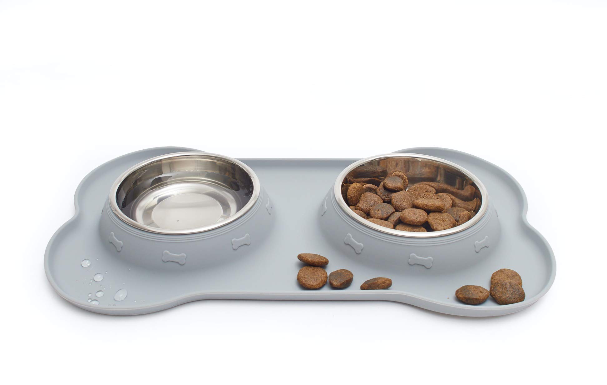 Pet London Silicone Bowl Grey Double Diner Set for Medium Dogs. Machine Washable With Removable Stainless Steel Bowl & Anti-Slip Base