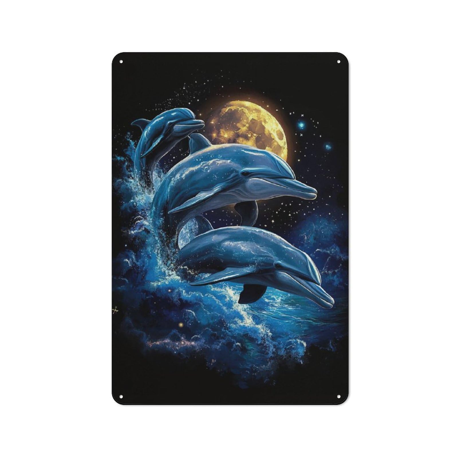 Junmoney Dolphins Under The Moon Vintage Metal Plaque 30X20cm For Dining Room Or Kitchen, For Dining Room Decor Fans