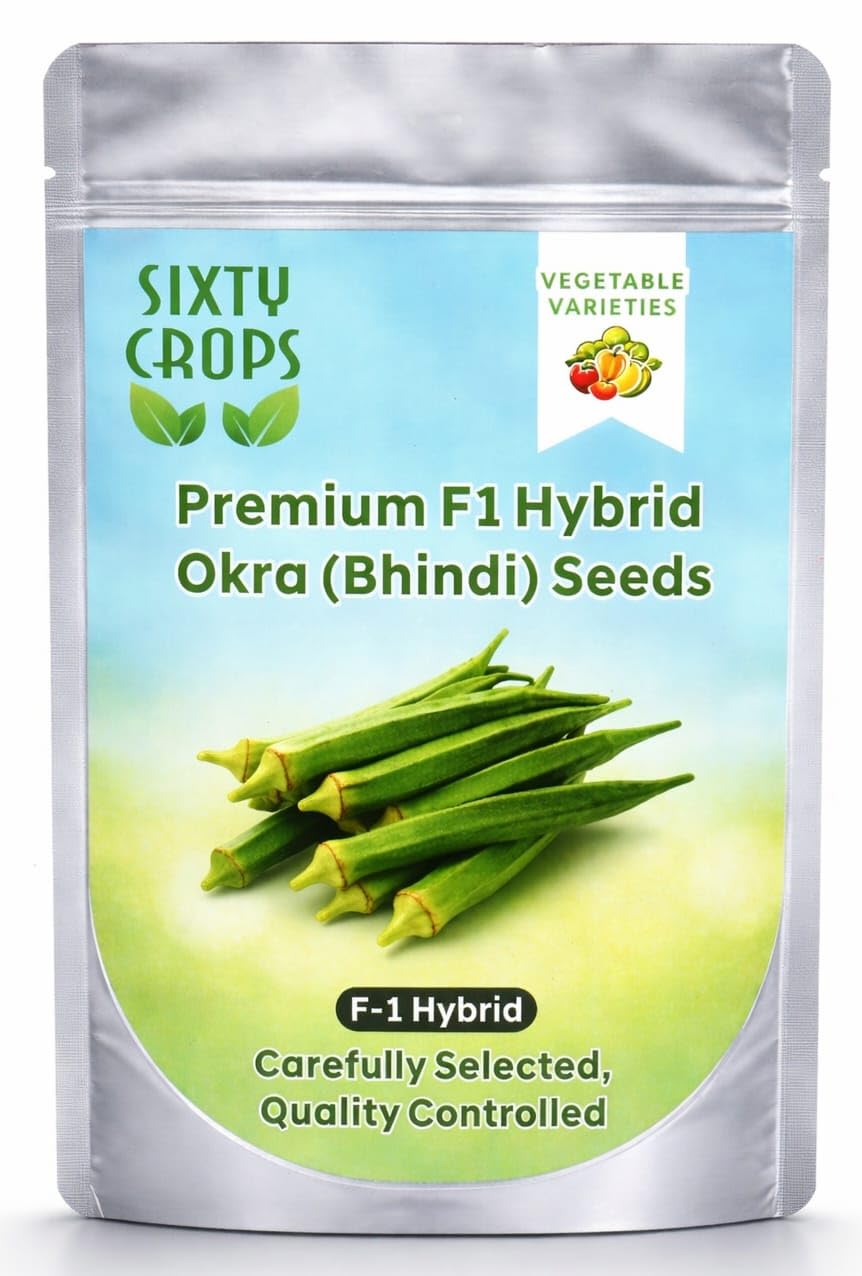 Sixty Crops Premium F1 Hybrid Okra (Bhindi) Seeds – High Yield Vegetable Seeds for Home Garden & Farming | Fast Growing, Disease Resistant, Quality Tested