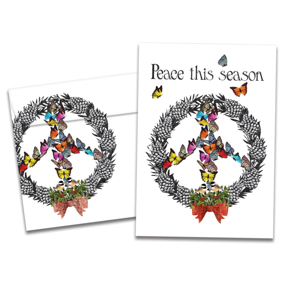 Tree-Free Greetings - Season's Greeting Cards - Artful Designs - 10 Cards + Matching Envelopes - Made in USA - 100% Recycled Paper - 5 x 7 - Peace Wreath (HB93537)
