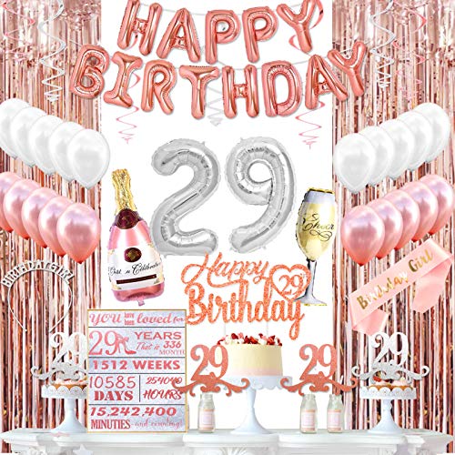 KeaParty 29th Birthday Decorations for Her, 29th Birthday Party Decorations Supplies Kit, 29th Birthday Crown, 29th Birthday Sash, 29th Birthday Balloons, 29th Birthday Cake Toppers, 29th Birthday Banner, 29th Birthday Card, Happy 29th Birthday Banne