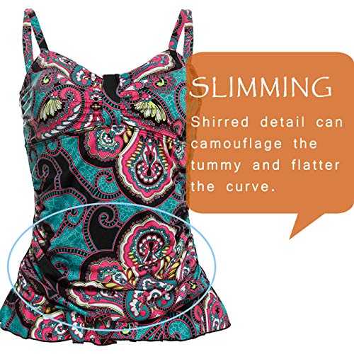 Image of Women's 50's Retro Ruched Tankini Swimsuit Top with Ruffle Hem Tummy Control