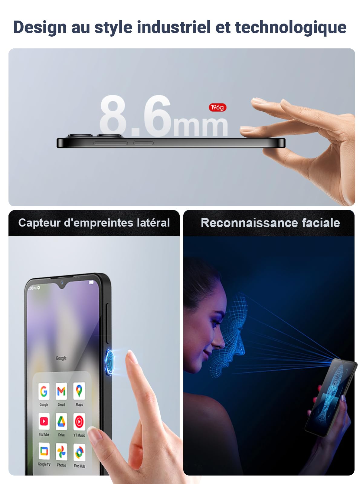 invens Note 12P Téléphone Portable Pas Cher, Écran 6.6" HD+, Caméra 48MP+8MP, Batterie 5000mAh, 16GB RAM 128GB ROM, Android 15 Smartphone débloqués, Double SIM + TF, Face ID/Empreinte, Bleu Cyber