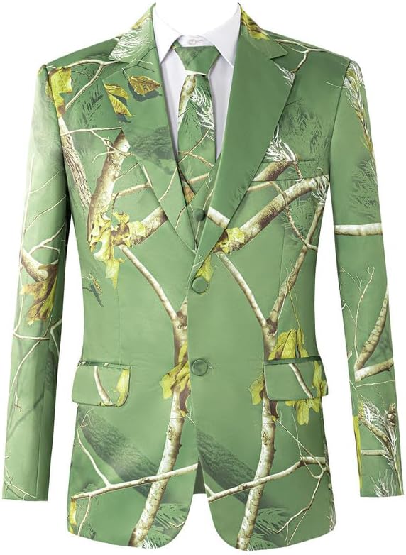 Mens Tuxedo Suit Jacket Casual Slim Fit Green Tree Pattern Dress Blazer for Men