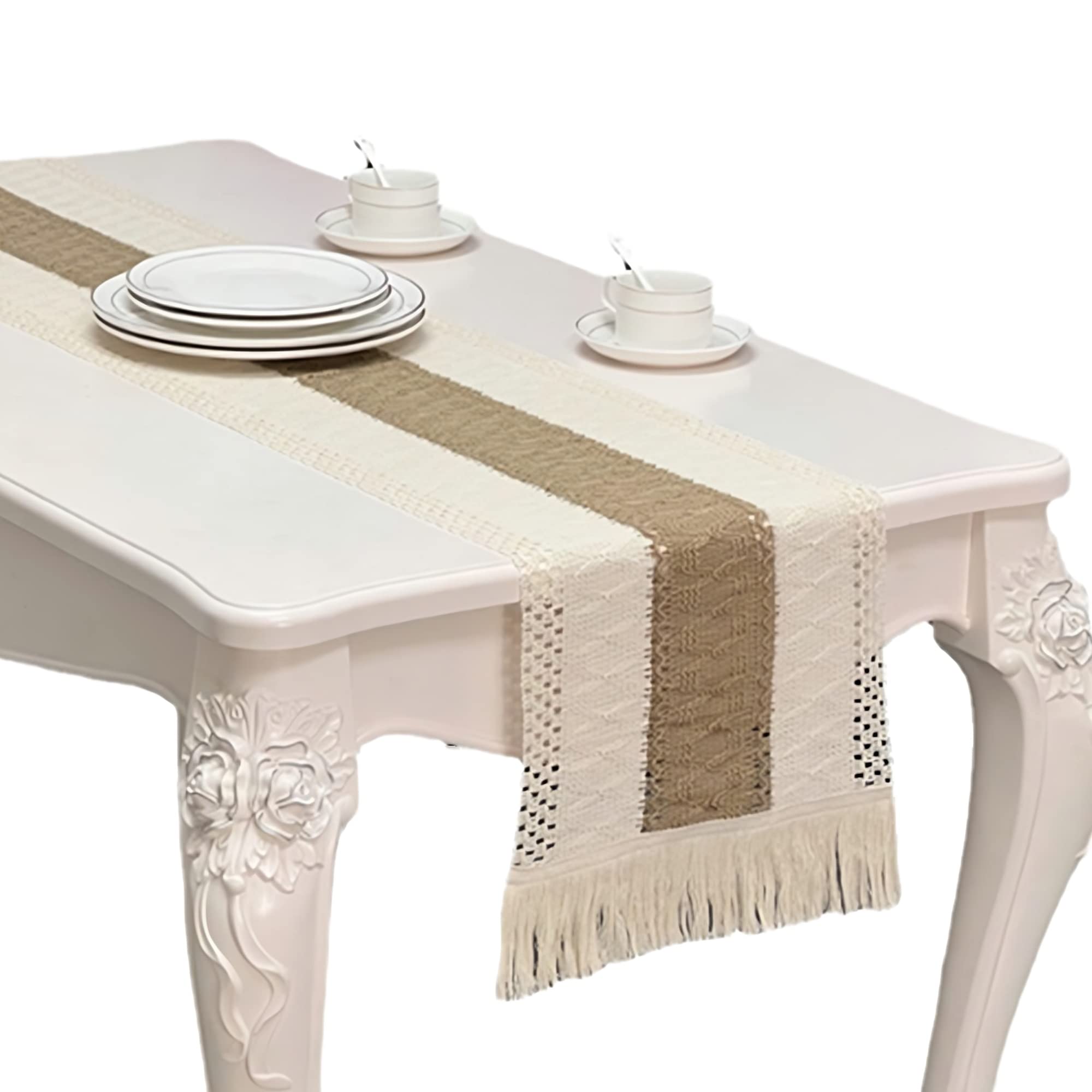 Beauenty Natural Burlap Table Runner 12 X 71 Inch Modern Farmhouse Style,Splicing Cotton Boho Table Runner With Tassels for Bohemian Shower Wedding/Home/Dining /Farmhouse Decor