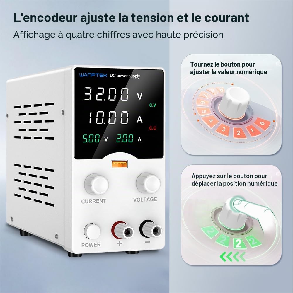 Alimentation DC Laboratoire 30V 10A Réglable | Écran LED 4-Digits Haute Précision | Variateur Encodeur | Sorties USB Charge Rapide + Convertisseur CC | Stabilisée pour Électronique