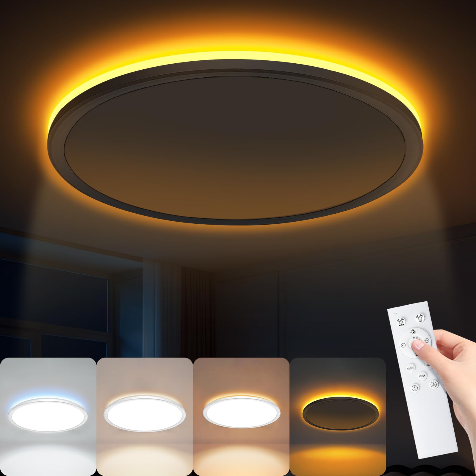 Led Ceiling Light Dimmable with Remote Control, 24W 3000LM 30CM 3000-6500K 1800K Night Light 10%-100% Brightness Adjustable Flush Ceiling Lights Lamp for Living Room,Kitchen,Bedroom,Hallway,Bathroom