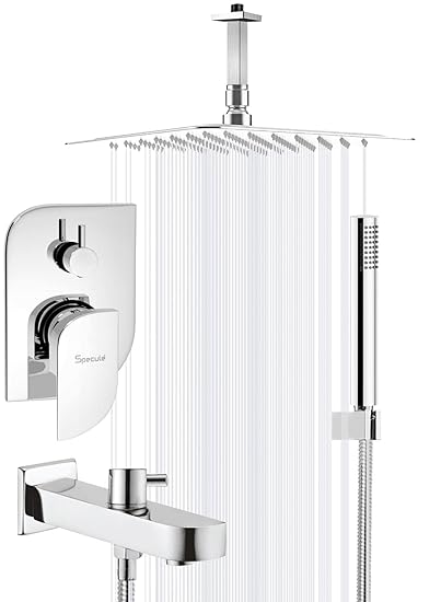 Specule Pure Brass Concealed Body High Flow Diverter Set with Overhead 8x8 Ceiling Mount Shower for bathroom, Hand Shower and Bath Tub Spout (Alive)