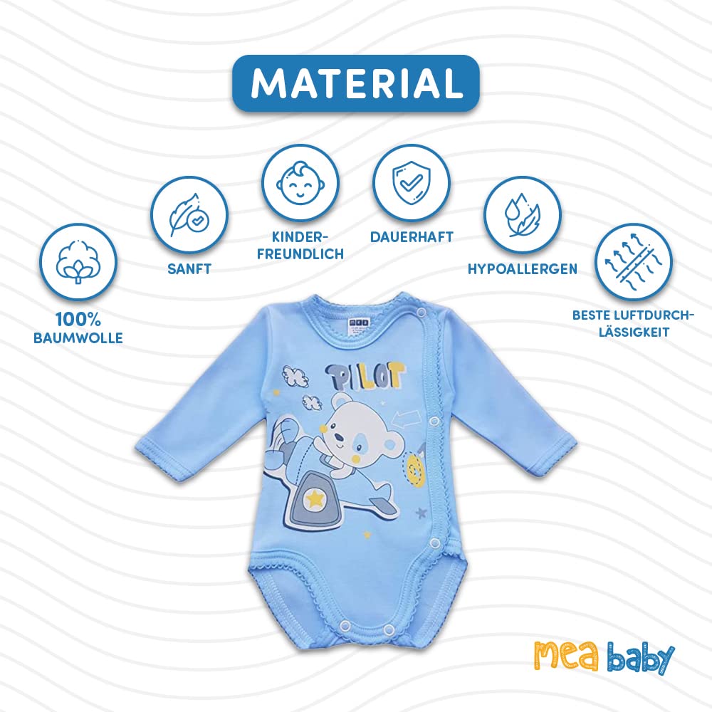 MEA BABY body de bebé unisex cruzado de manga larga 100% algodón, juego de 5, con estampado para niñas y niños (62, niño3)