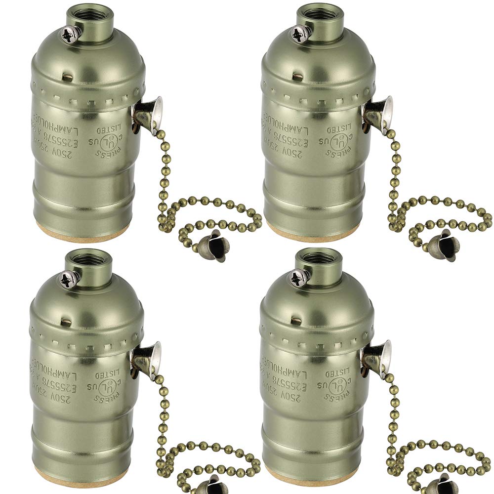 E26 Vintage Light Socket,Standard Medium Screw-in Lamp Socket Holder for Edison Bulbs-4 Pack Vintage Bronze with Pull Chain