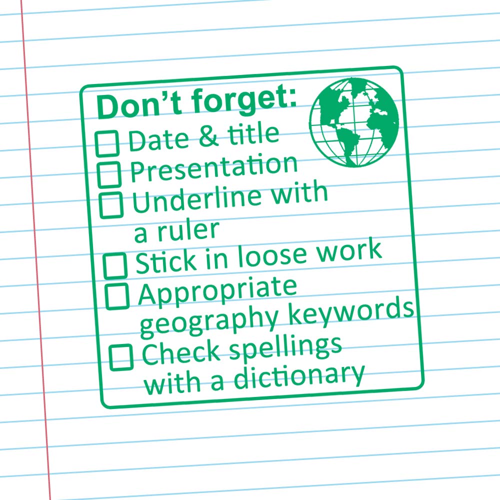 Geography Marking Teacher Stamp. Large Size (5x5cm). Checklist Mark Presentation, Spelling, History Keywords, Underline & More. Choice of Ink Colour (Green)