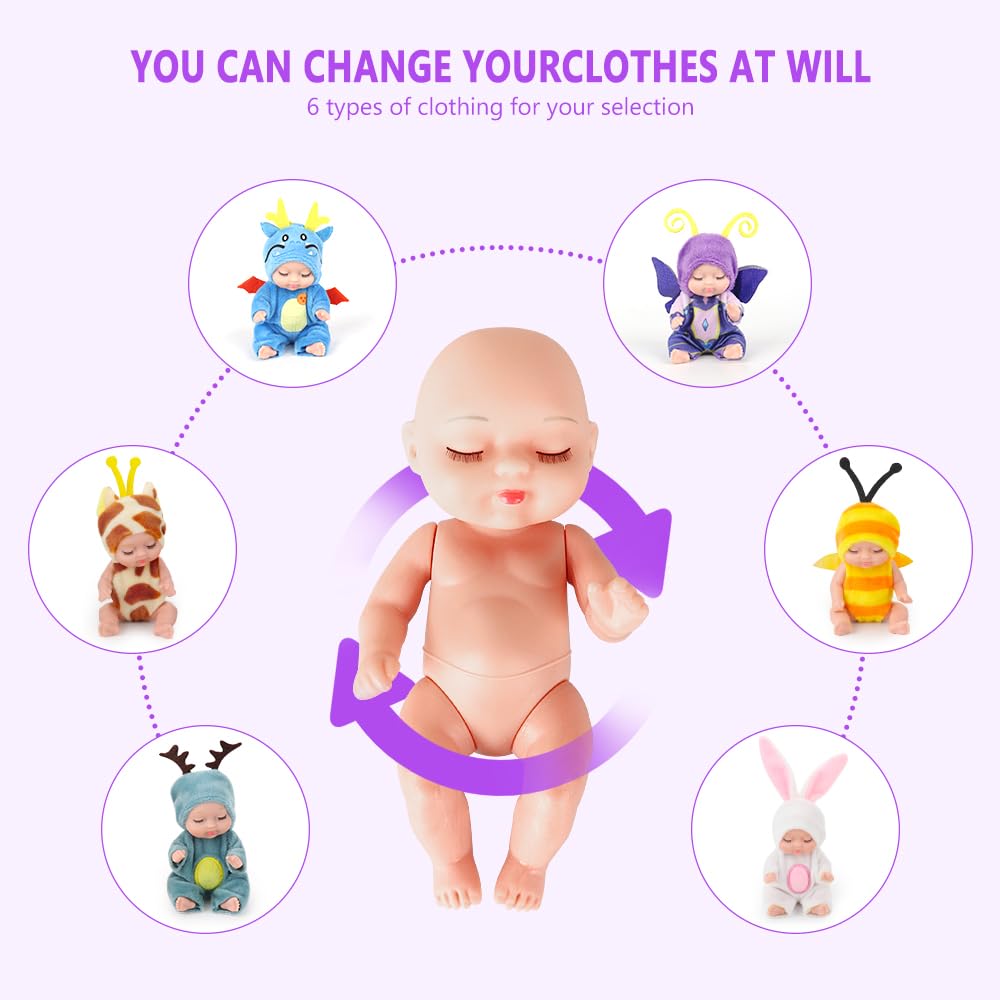 Jonuin Mini Reborn Dolls, 6 Pcs Sleeping Rebirth Dolls with Clothes, Miniature Reborn Doll Toys - Image 3