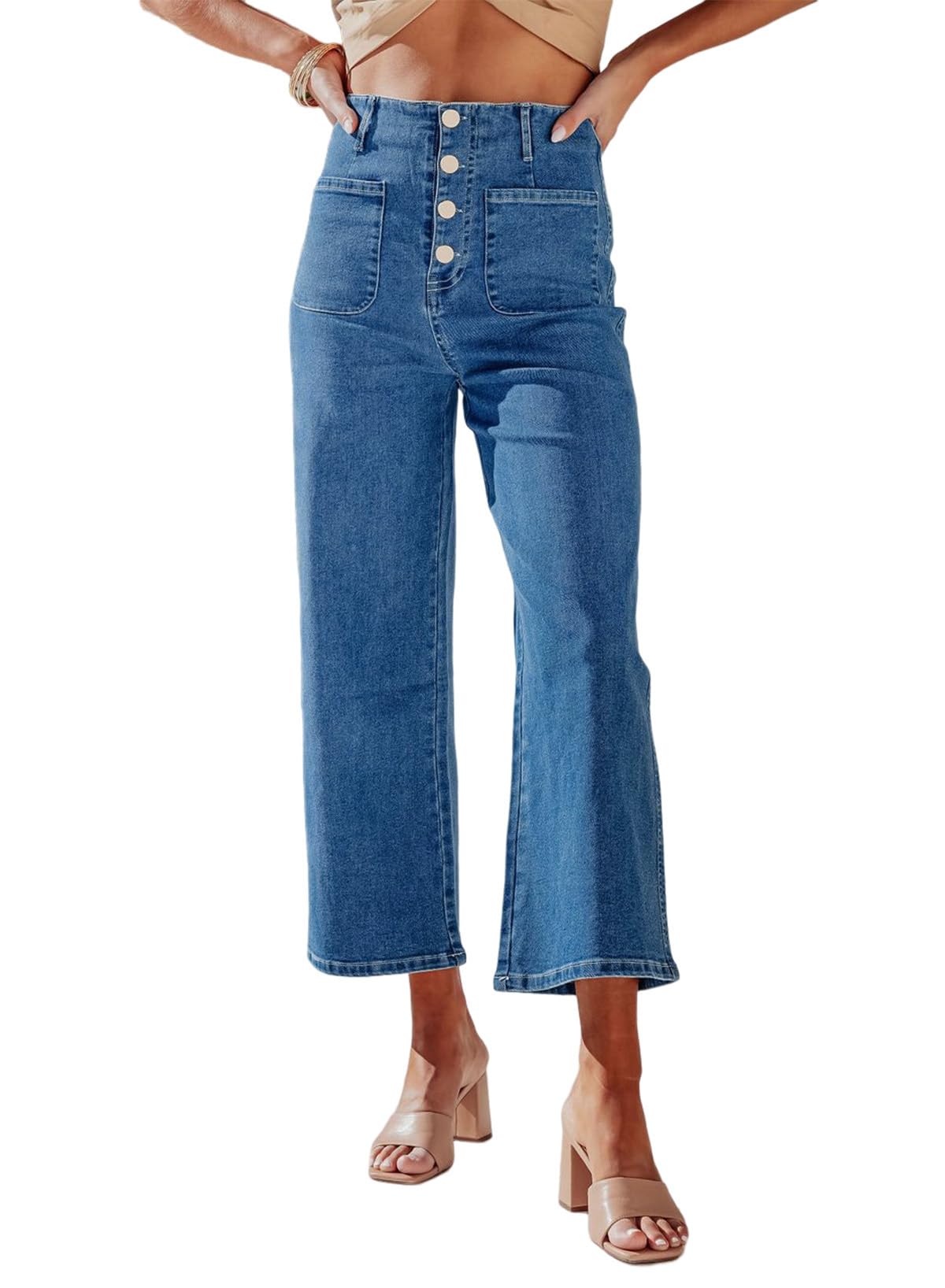 SidefeelWomen's Wide Leg Jeans High Waisted Zimbaplatinum Stretchy Straight Leg Jeans Buttoned Loose Denim Pants with Pocket