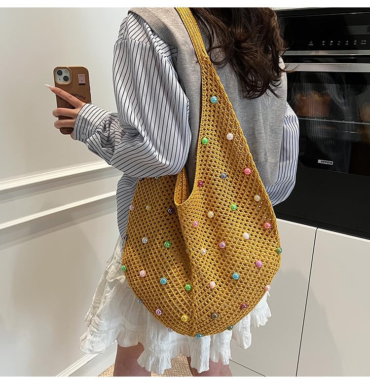 Image of Boho Crochet Beach Tote Shoulder Bag with Colored Beads | Colorful Aesthetic Hippie Knit Bag for Women