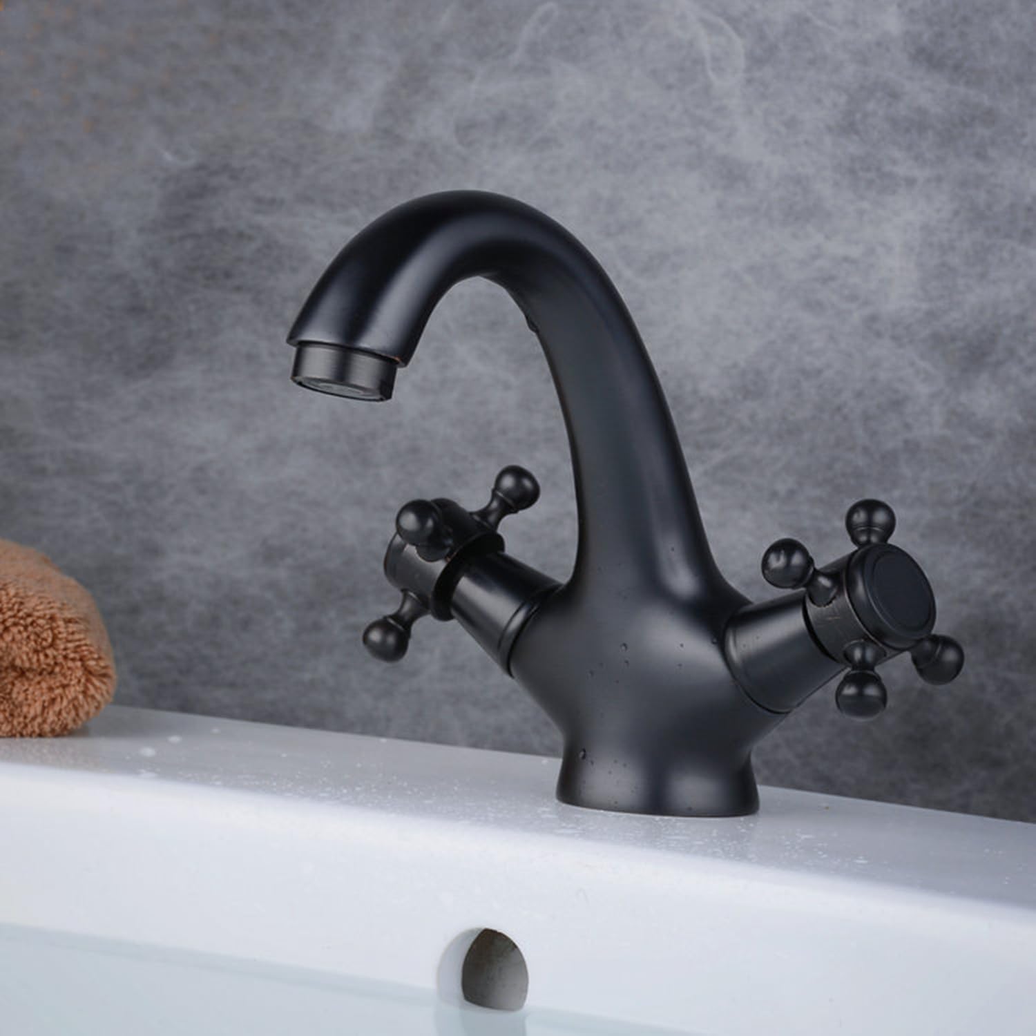 Grifo de lavabo de dos asas, grifo de baño de latón,mezclador de lavabo de baño retro,mezclador de lavabo caliente y frío (negro)