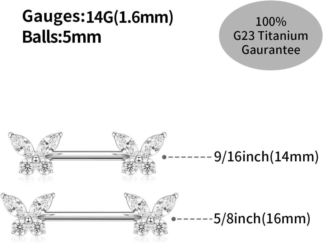 FUNLMO 1 Pair Titanium Nipple Piercing Jewelry Butterfly Cube Zircon Nipple Rings Nipple Barbell Internally Threaded Nipple Bars Bridge Piercing Jewelry - Image 2