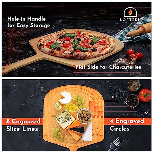 Image of Wooden Pizza Peel 16 Inch Board with Engraved Sizes - Multi-Purpose Bamboo Pizza Cutting Board, Wood Pizza Peel, Pizza Spatula Paddle, and Serving Board with Size and Cutting Guide
