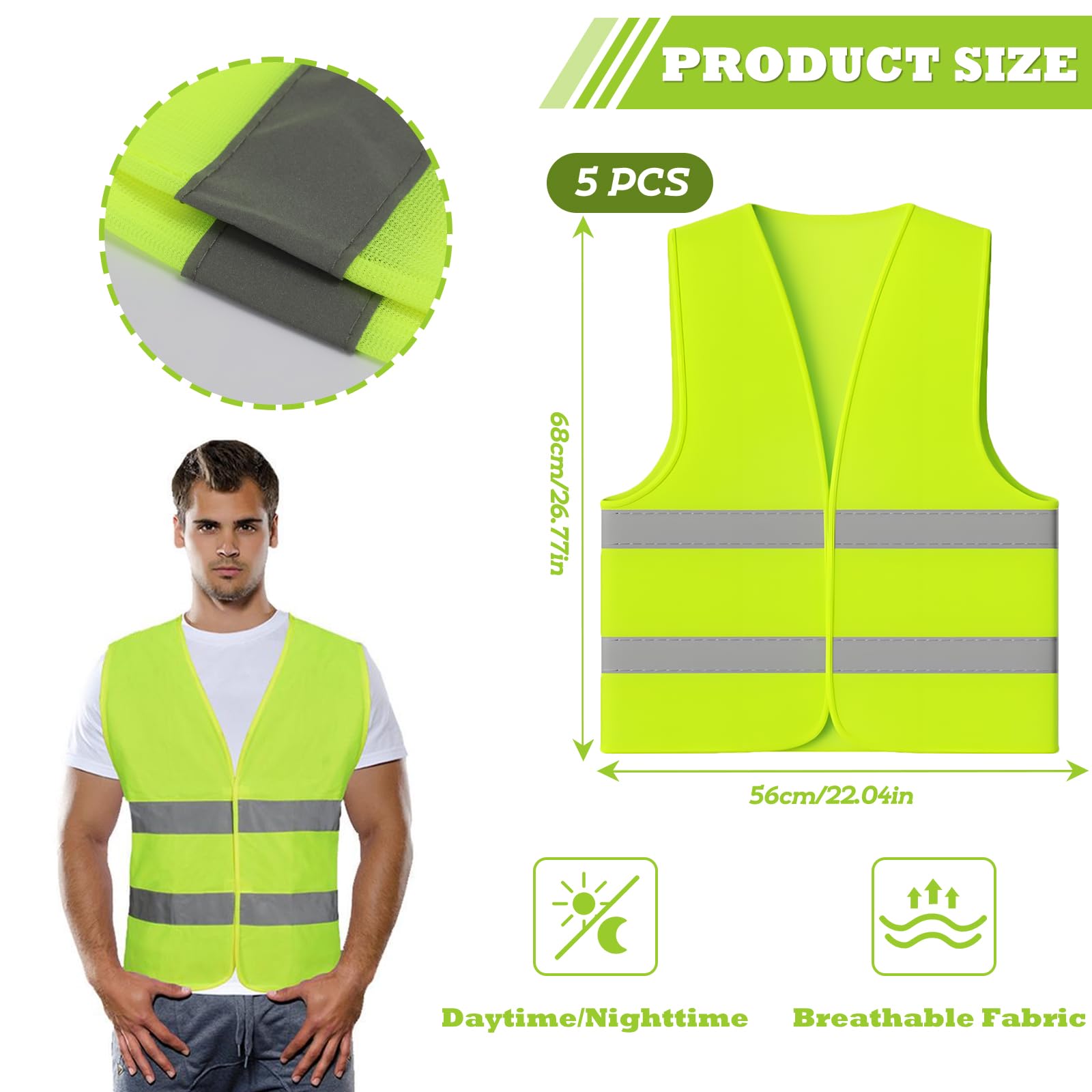 5 Pezzi Gilet Alta Visibilità, Giubbotto Catarifrangente Sicurezza, Pettorina Cantiere Verde