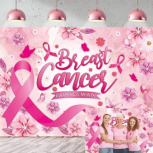 CINRAY Toile de Fond Breast Cancer décoration Rose pour la Sensibilisation au Cancer du Sein 7x5FT, Ruban de Sensibilisation à l'amour au Cancer du Sein à la Foi à l'espoir décoration pour Femme