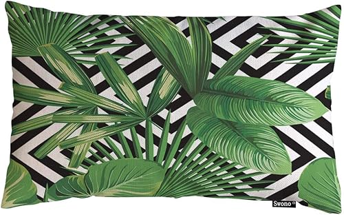 Swono Funda de almohada con hojas de palmera tropical, diseño exótico de selva, hojas de palmera tropicales en la geometría de algodón y lino, funda