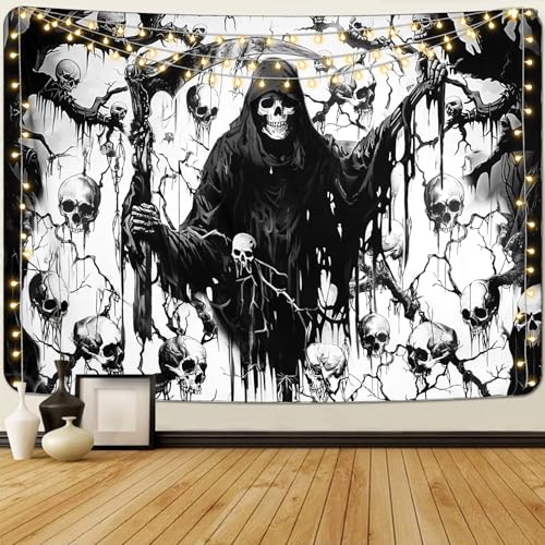 Invoibler Halloween Skull Tapestry Goth Skeleton Tapestries Grim Reaper Decor Black And White Tapestry Horror Aesthetic Tapestry Wall Hanging For Bedroom cover