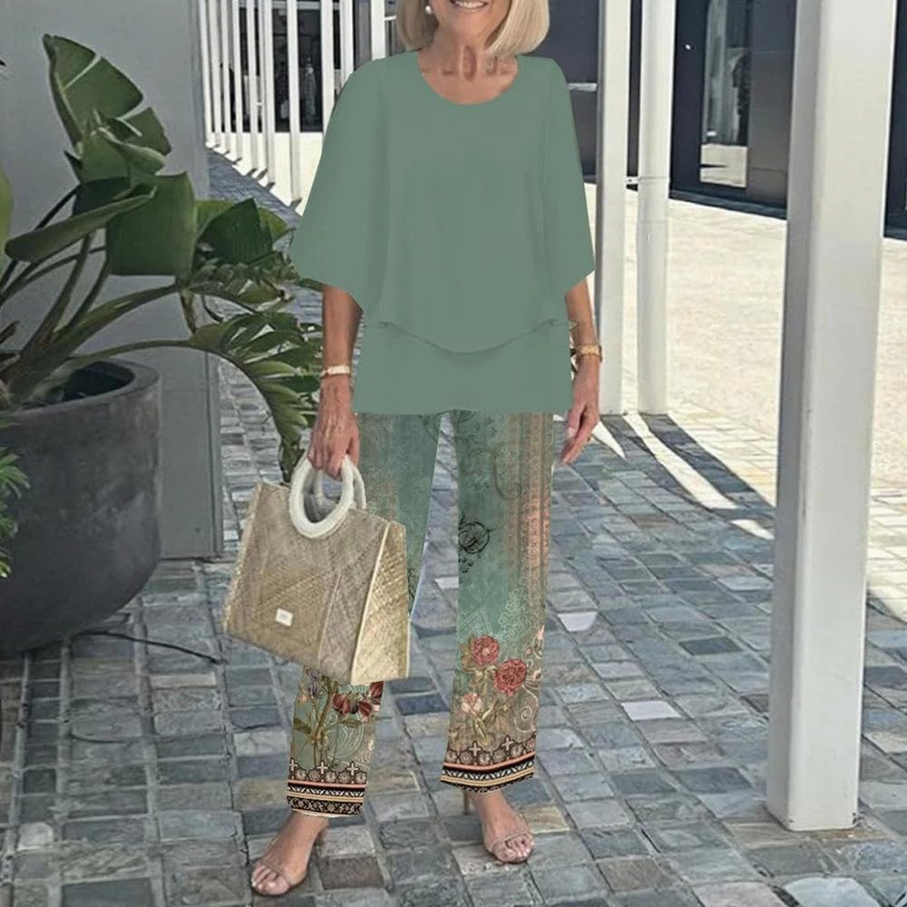 Womens 2026 Summer 2 Piece Outfit Layered Flowy Top With Pocket Pants Casual Loungewear Set