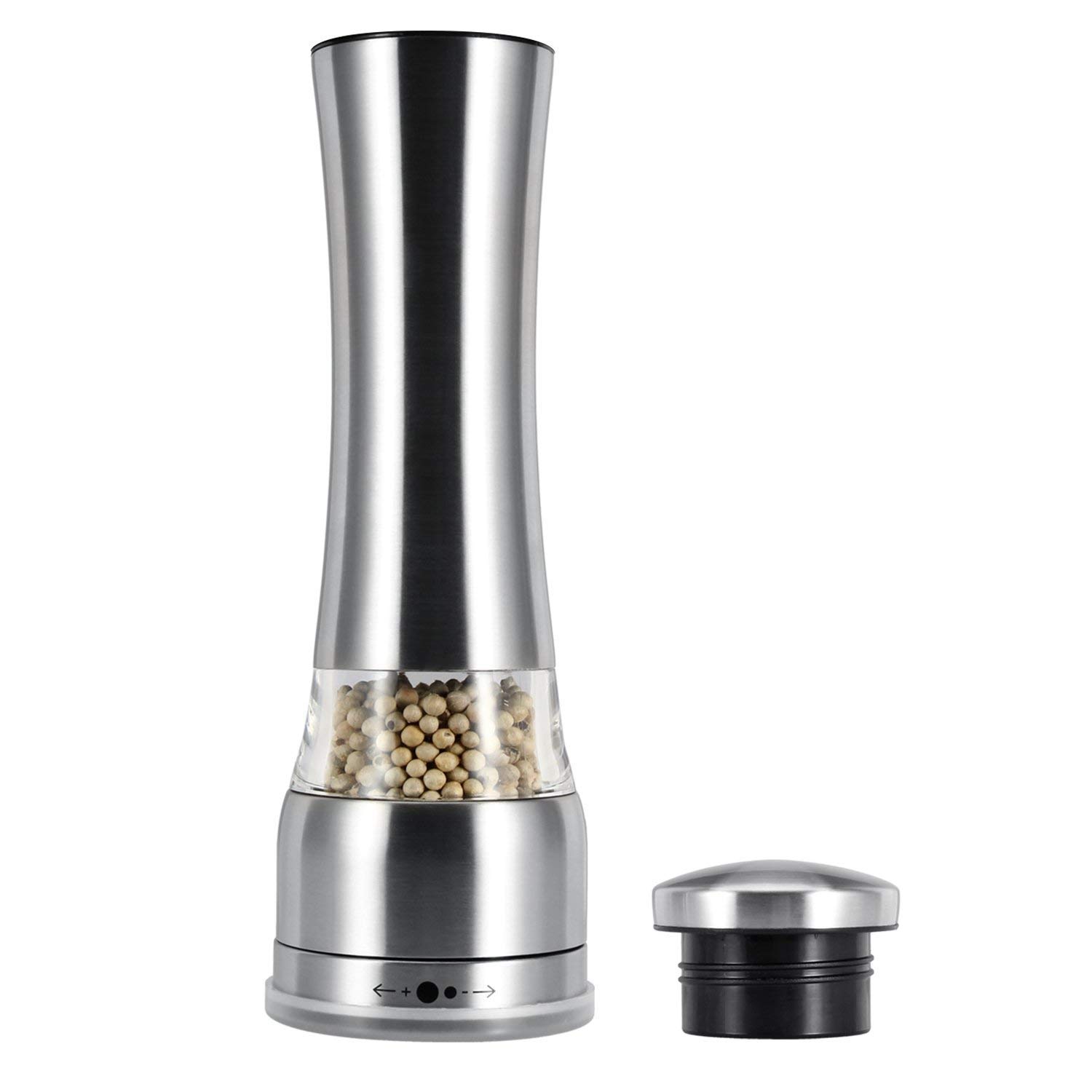 BKYMCPremium Stainless Steel Salt and Pepper Grinder Set - Pepper Mill and Salt Mill, Spice Grinder with Adjustable Coarseness, Ceramic Rotor, Tall Salt and Pepper Shaker, Brushed Stainless