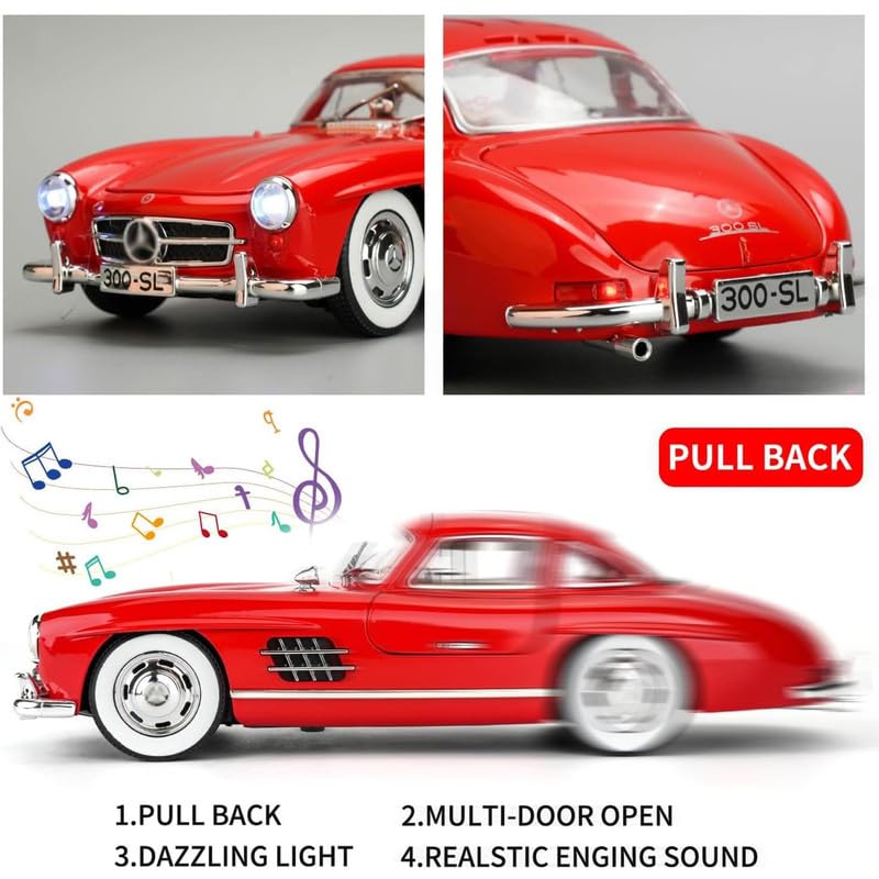 Image of Kids Model 1:24 Vintage 300 SL Classic Die Cast Metal Car Pull Back Action Opening Doors with Realistic Engine Sound Lights Toy Car Gift for Boys - Red