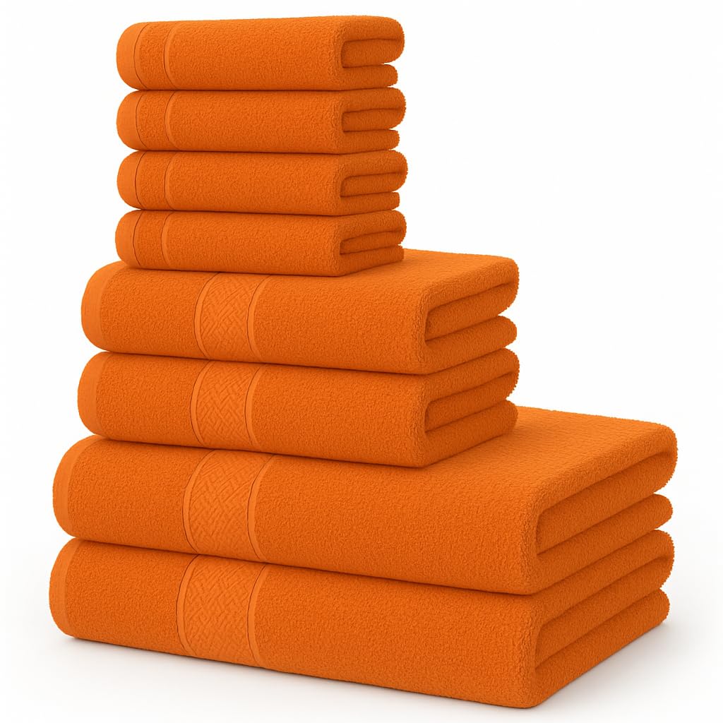 Diamond Tex Luxury 8 Pcs Towels Bale Set 100% Egyptian Cotton Face Cloth, Hand Towel, Jumbo Bath Towel 600-GSM Soft and Absorbent Gym, Golf, Spa, Beach Towels (Orange)
