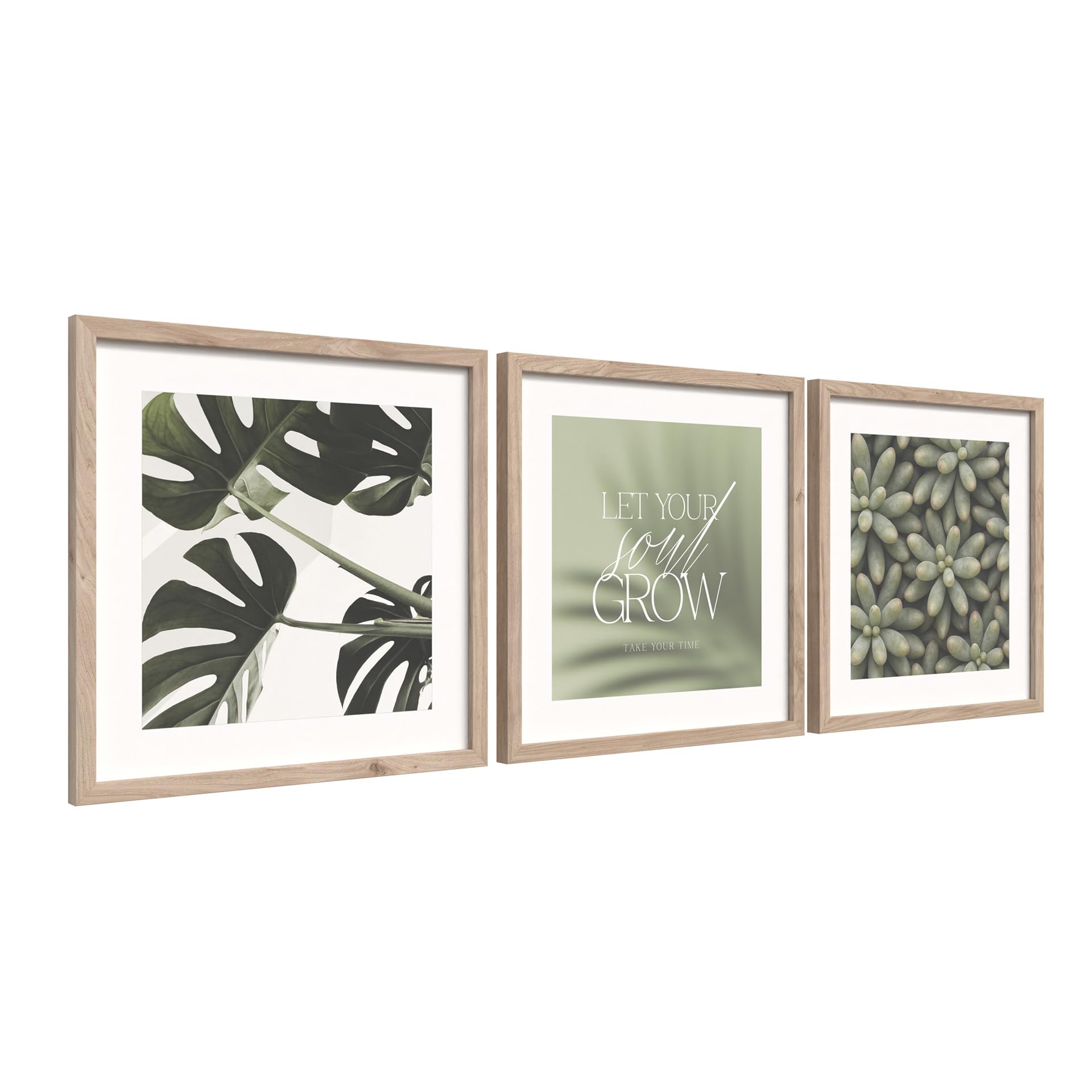 STYLER Zestaw obrazów Soul Grow 3 x 30 x 30 cm (gotowy do zawieszenia), z wysokiej jakości drewnianą ramą, zielono-beżowe, botaniczne obrazy ścienne w stylu boho, monstera, minimalistyczne, nowoczesne