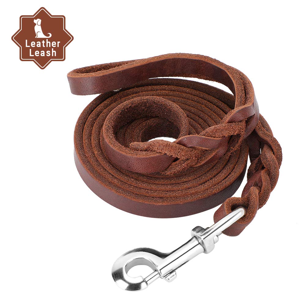 Single Dog Lead-YOUTHINK One Dog Leash Made of Genuine Leather Suitable for All Dogs with Waterproof 210cm Brown Dog Leash for Walking Running Training