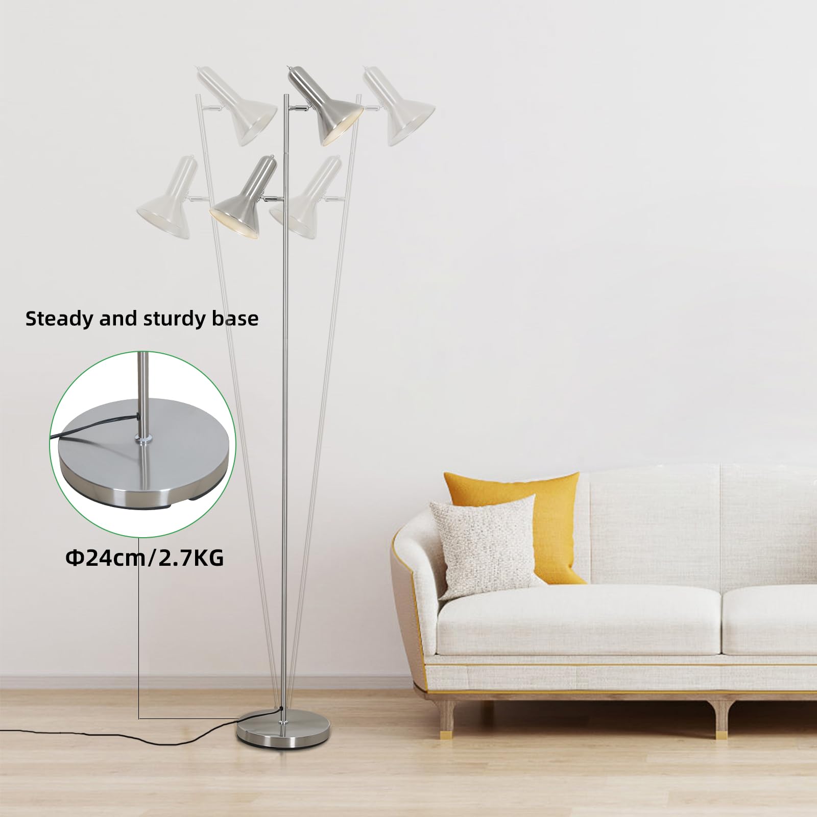 Lampa de Pie de Salotto DIYA-Nichel, 2x E27 MAX. 60W Floor lamp, Lampada da Terra Vintage altezza 272CM, Lampada da Terra Retrò in Metallo per Camera da Letto, Studio, Ufficio, Pianta