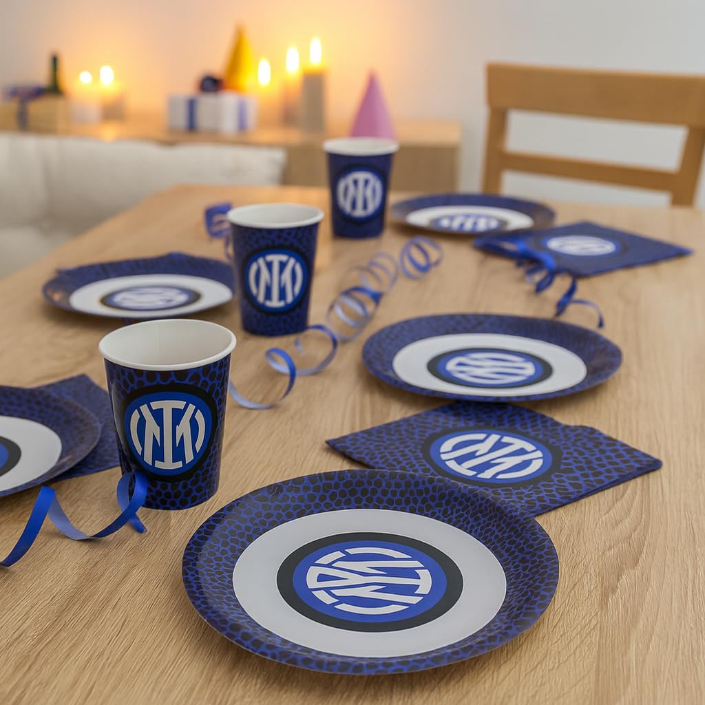 Kit Festa di Compleanno Inter 16 Persone (16 Piatti 18 cm, 16 Bicchieri di Carta 250 ml, 20 Tovaglioli 33x33 cm)