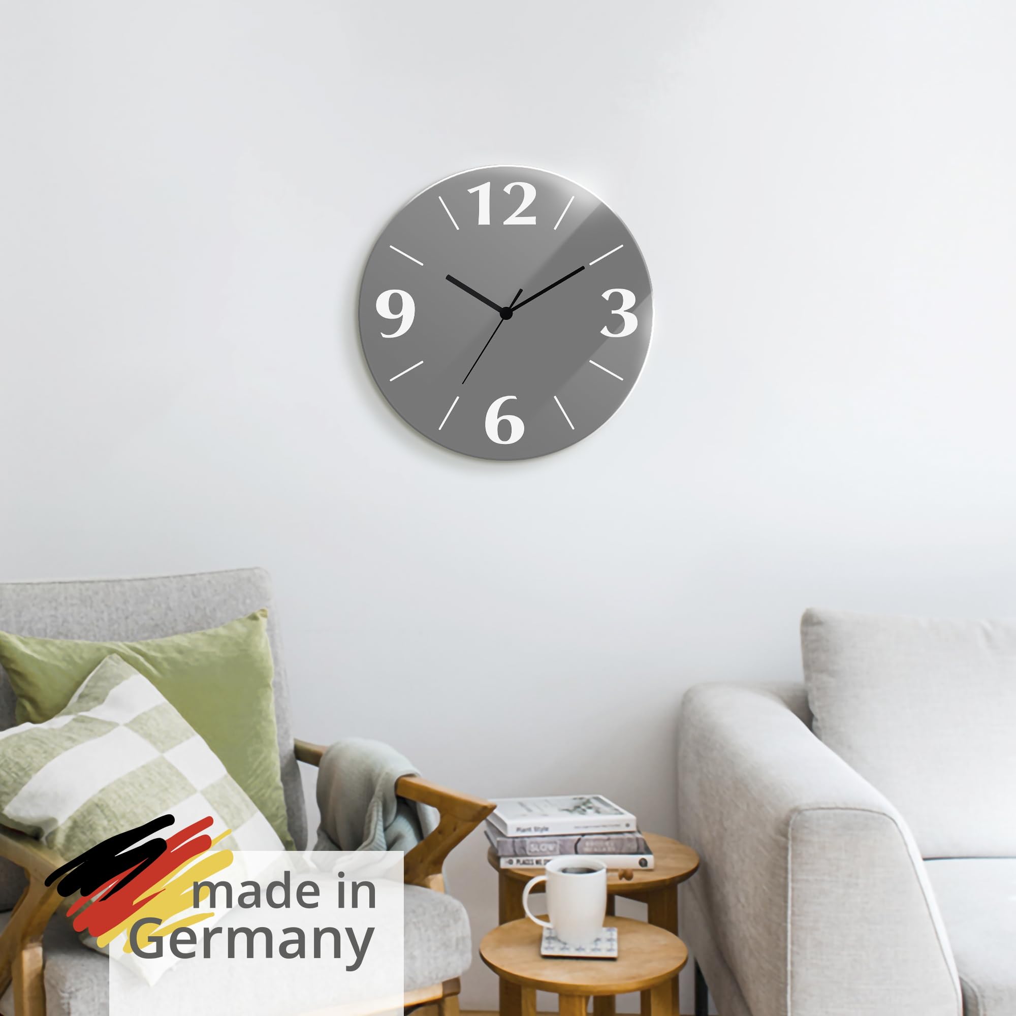 ARTLAND Wanddeko Wanduhr ohne Tickgeräusche aus Glas Funkuhr Ø 30 cm Rund Lautlos Trendfarbe Grau S7KC