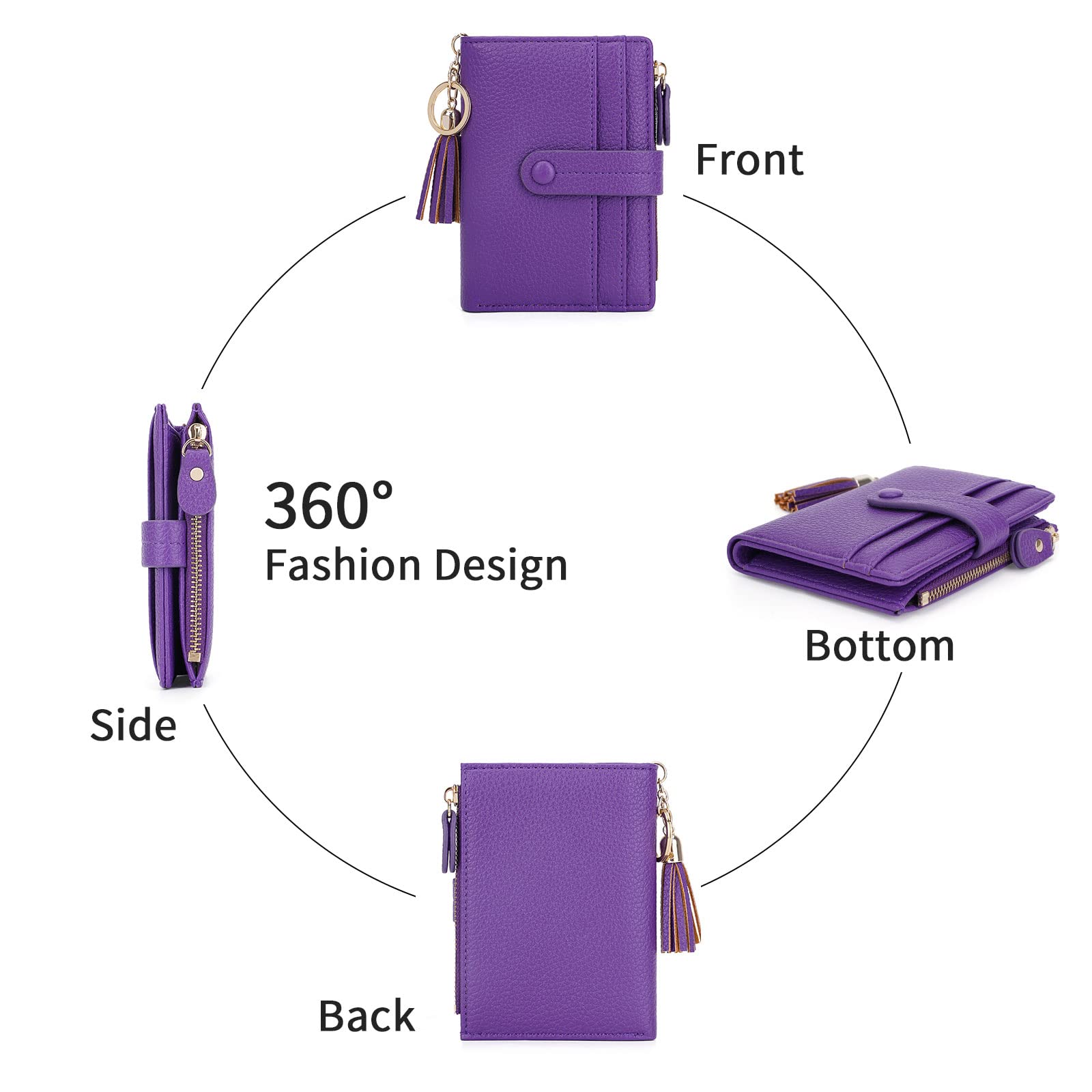 HKCLUF Portafoglio Piccolo da Donna, Porta Carte Blocco RFID Portamonete Pelle con Nappa Portafogli Cerniera Molti Scomparti(B09-Viola)