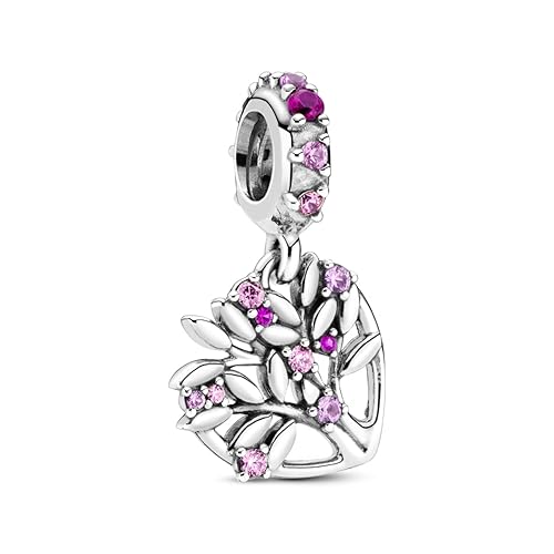 PANDORA Icons Pendente a forma di albero genealogico in argento Sterling con zirconia cubica rosa fairy tale, zaffiro rosa sintetico e rubino sintetico