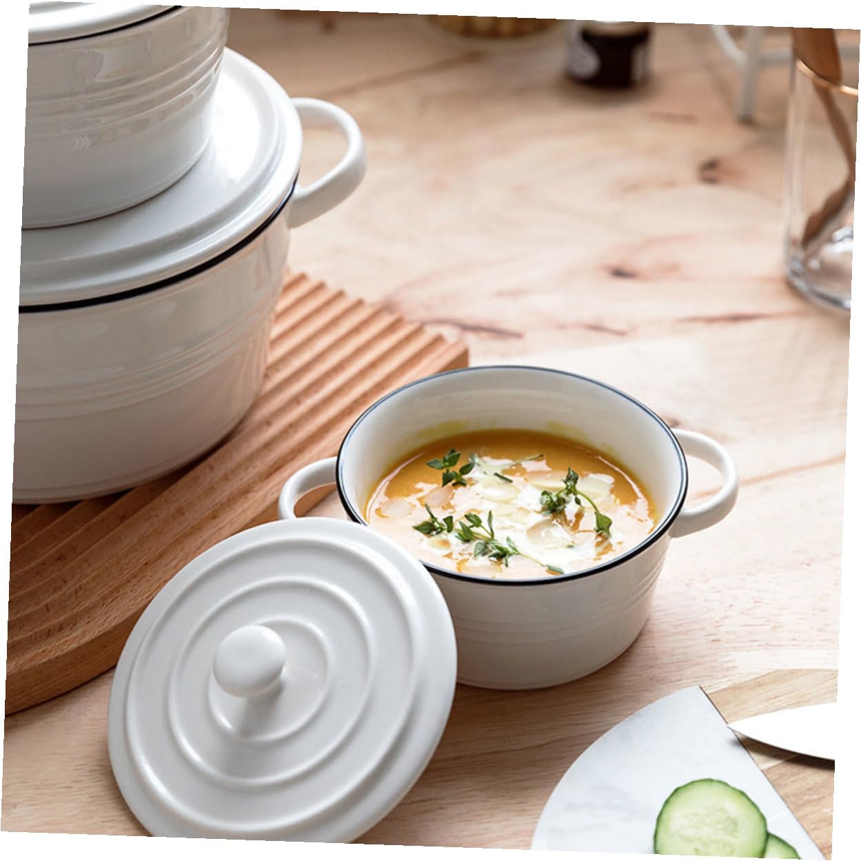 Bol Cerámico Doble Asa con Tapa Cuenco Desayuno para Sopa Arroz Ramen Ensalada y Postre Vajilla Resistente y Segura para Uso Diario