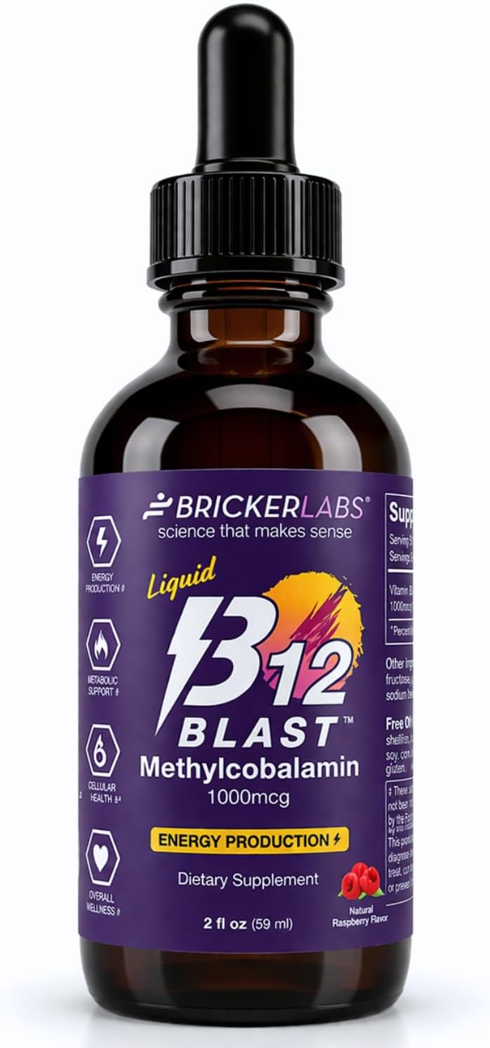 Bricker Labs B12 Blast Methylcobalamin 1000mcg, Great Tasting Sublingual Liquid Energy Vitamins -Vegan B12 Vitamins, Sustained Energy and Cellular Energy Supplement - 59-Day Servings
