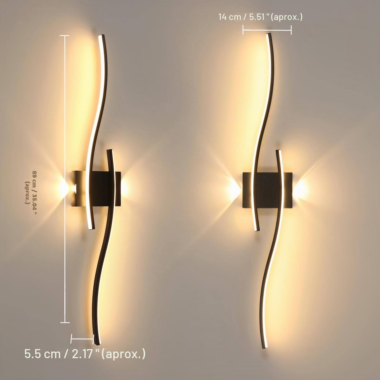 Goeco Apliques Pared Regulable 89CM 29W Lámpara de Pared LED Interior con Mando a Distancia 3000K-6500K, Función de Memoria, Apliques LED Largo con 2 Tubos Para Salón, Dormitorio, Pasillo, Negro