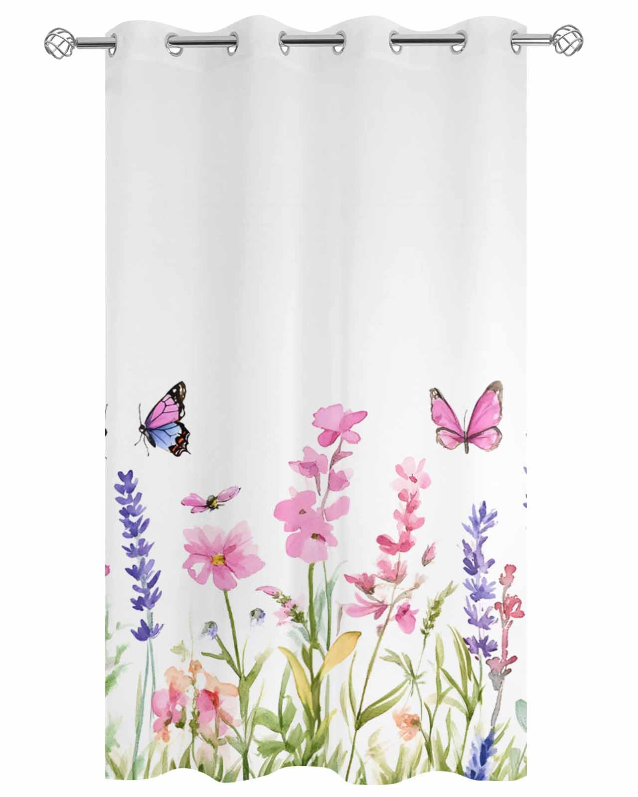 Waterproof Outdoor Curtains for Patio Porch, Lavender Pink Flower Butterfly Grommet Curtain Panel Windproof Outside Curtains Tieback, Country Floral on White Weighted Window Treatment Drapes