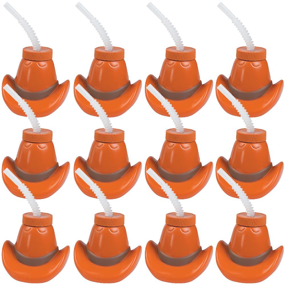 Fun Express Cowboy Party Favors - Western Cups with Lids & Straws 12 Pack | Cowgirl Birthday Party Supplies for Kids | Rodeo Themed Celebrations | Plastic Cowboy Hat Cups 15oz | Boot Cup Design