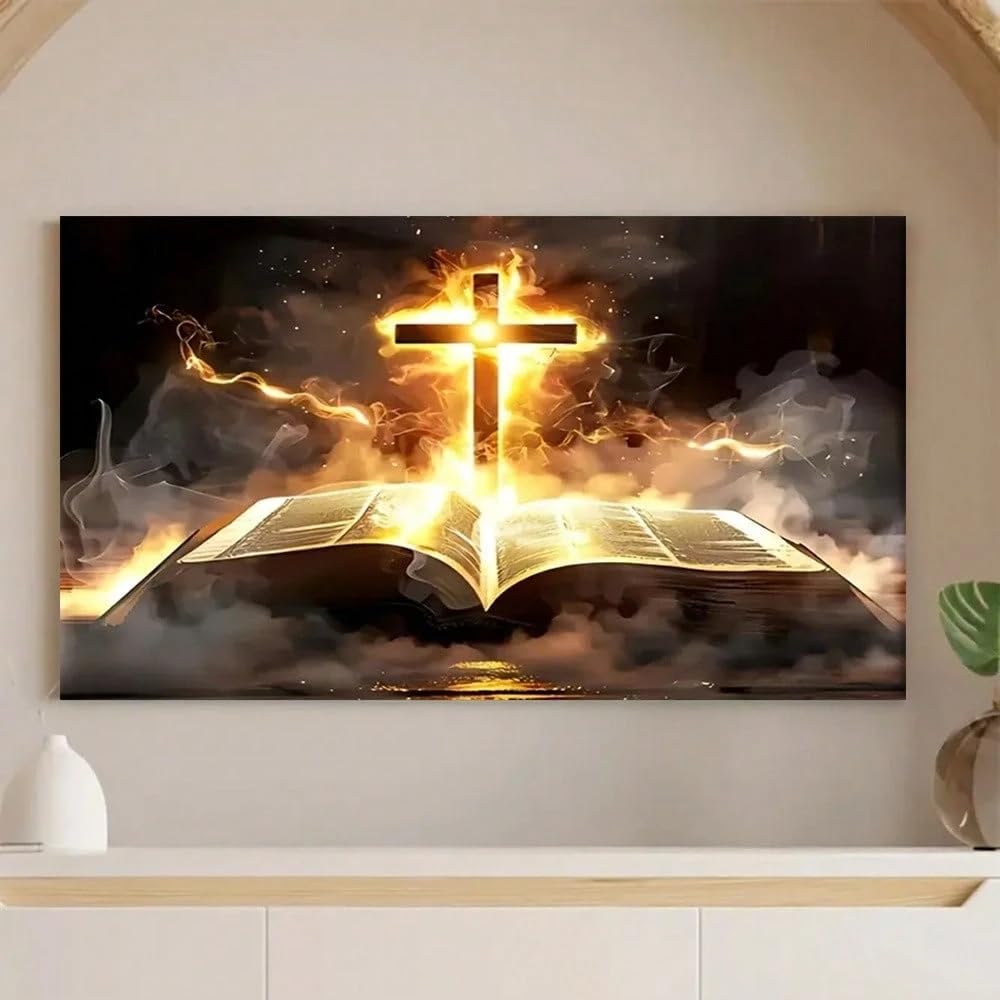 lianyibo 1 lienzo de cruz y escritura con efecto de luz dorada para decoración de sala de estar, dormitorio y oficina (90 x 180 cm/marco interior).