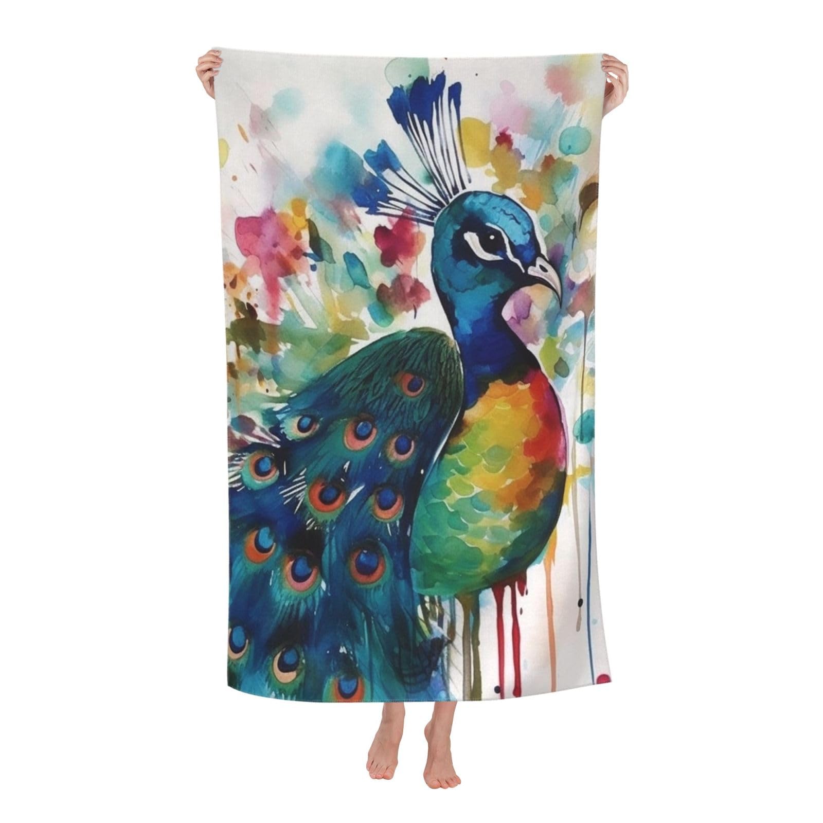 HLBSDM Watercolor Peacock Beach Towel 52 x 32 in Vacation Essentials Quick Dry Sand Free Pool Swim Towel Super Absorbent Bath Towels Oversized Gym Towels Travel Blanket Gift
