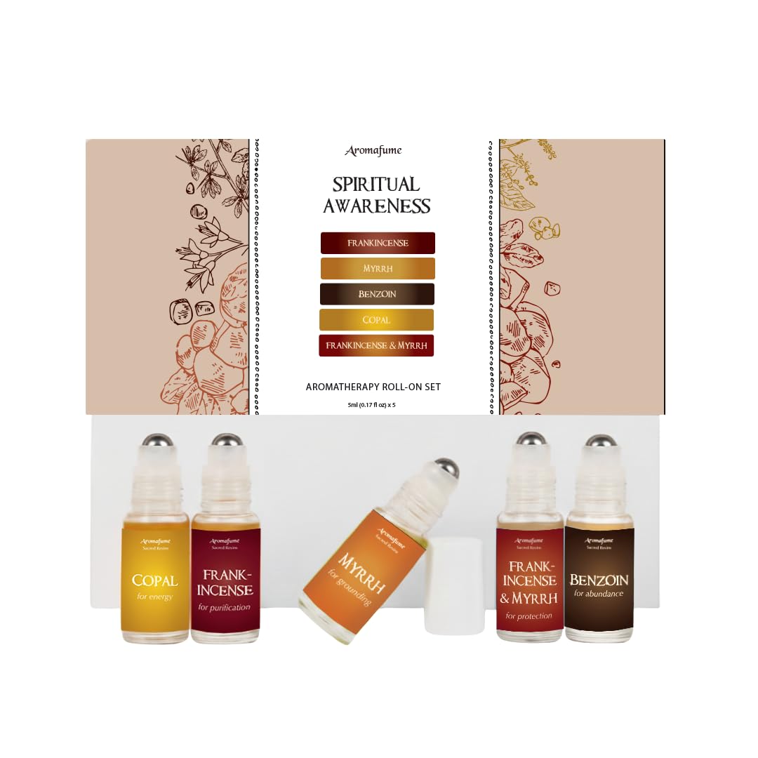 Spiritual Awareness Pure Resin Essential Oil Roll-On Blend Gift Set by Aromafume | 6 x 6ml | Frankincense, Myrrh, Copal, Benzoin, Frankincense + Myrrh | For meditation, spiritual awakening & prayer-image-46