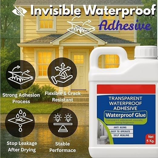 Image of 5kg Clear Waterproof Glue for Leakage - Transparent Sealant with Brush | Heat & Frost Resistant Waterproofing Coating for Roof Seams, Toilet Joints, and Wall Cracks (Transparent)