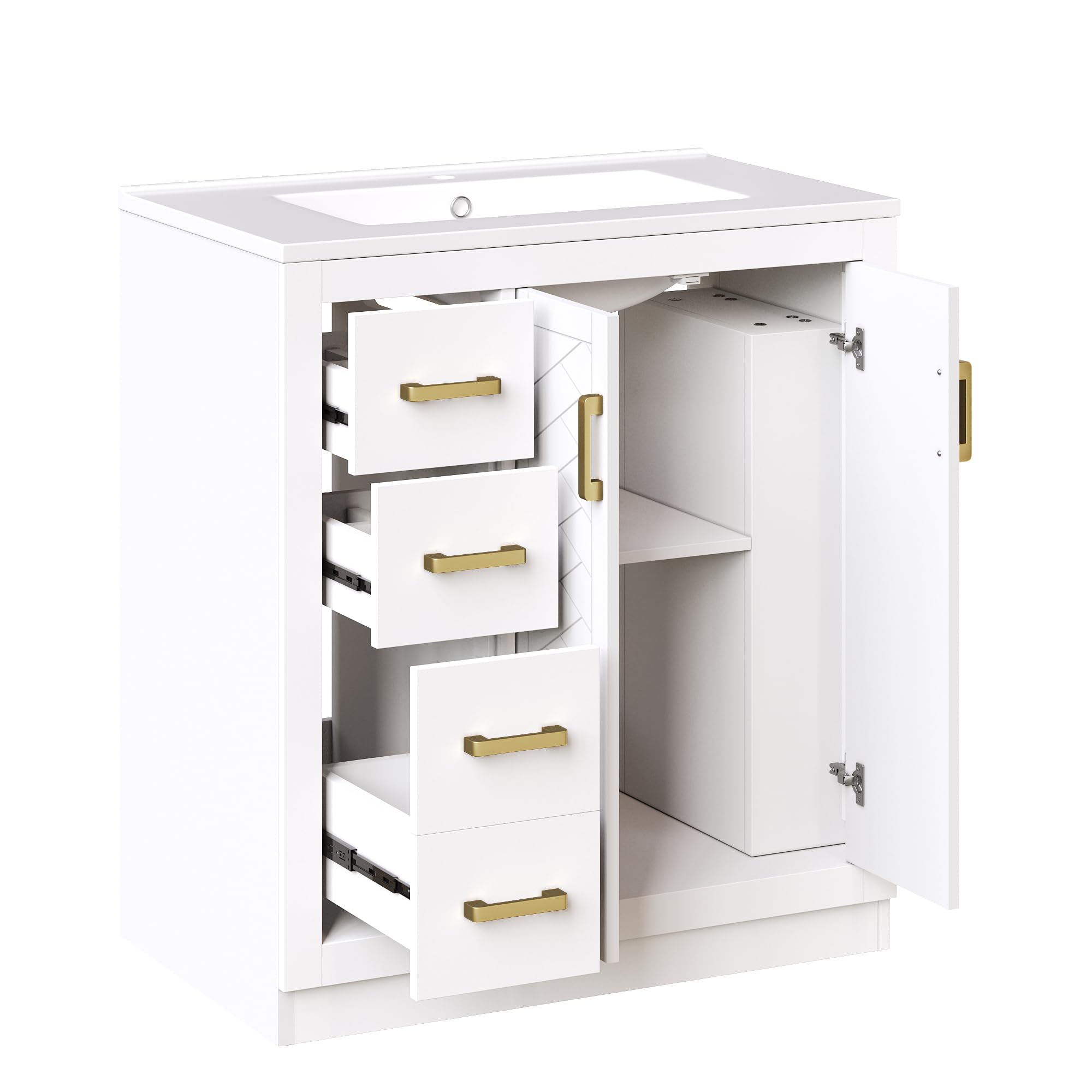 Mobile sottolavabo, 76,5 × 46,5 × 84,5 cm con 3 cassetti e ripiano laterale, armadio da bagno con molto spazio, cerniere e piscine in ceramica, colore: bianco