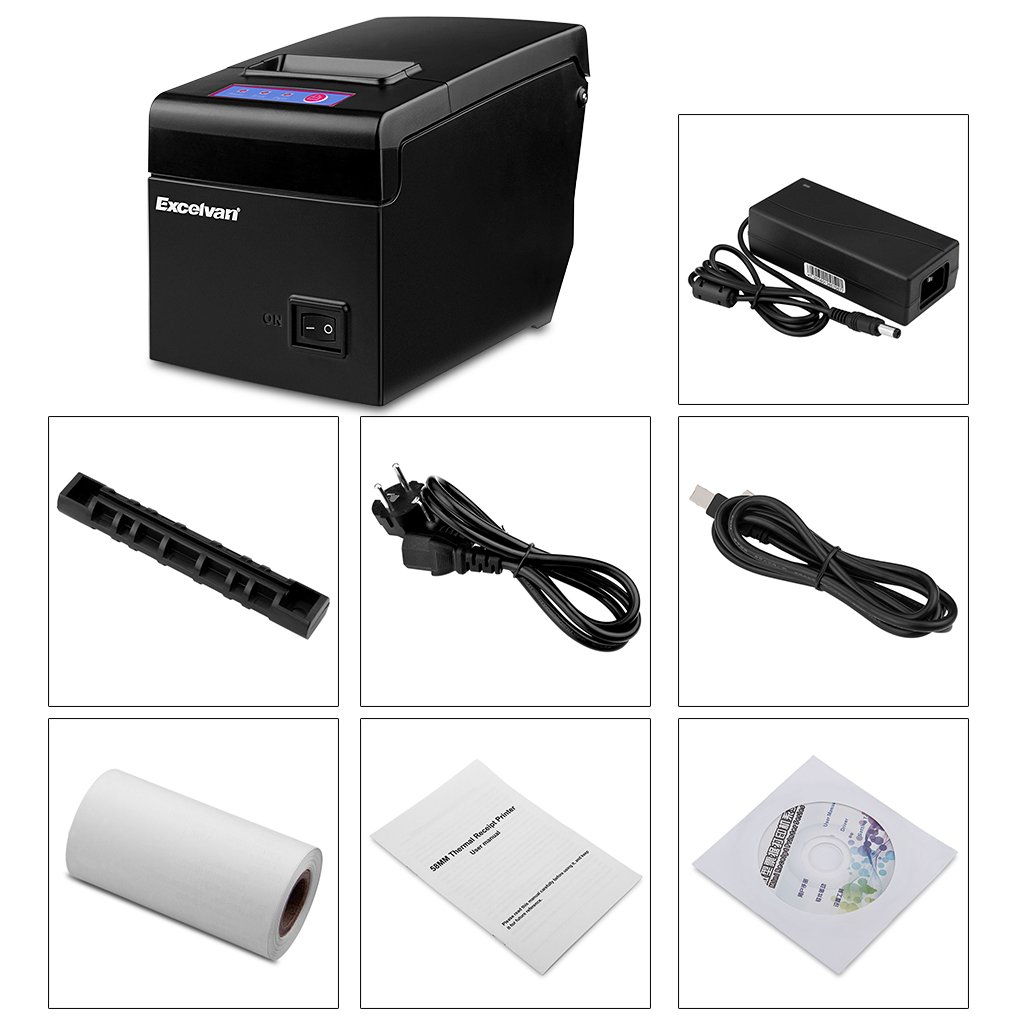 Excelvan E58 - Bluetooth Impresora Térmica de Recibos y Tickets (58mm, Android, iOS, Windows, Linux, 130mm/s, ESC/POS, USB), Negro