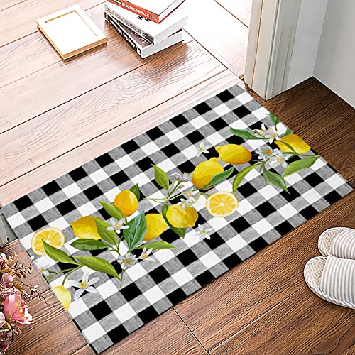 Summer Lemon Buffalo Plaid Black White Yellow, Bathroom Shower Mat Doormat Non Slip,Floor Rug Absorbent Carpets Floor Mat Home Decor for Kitchen Bedroom Rug, 16