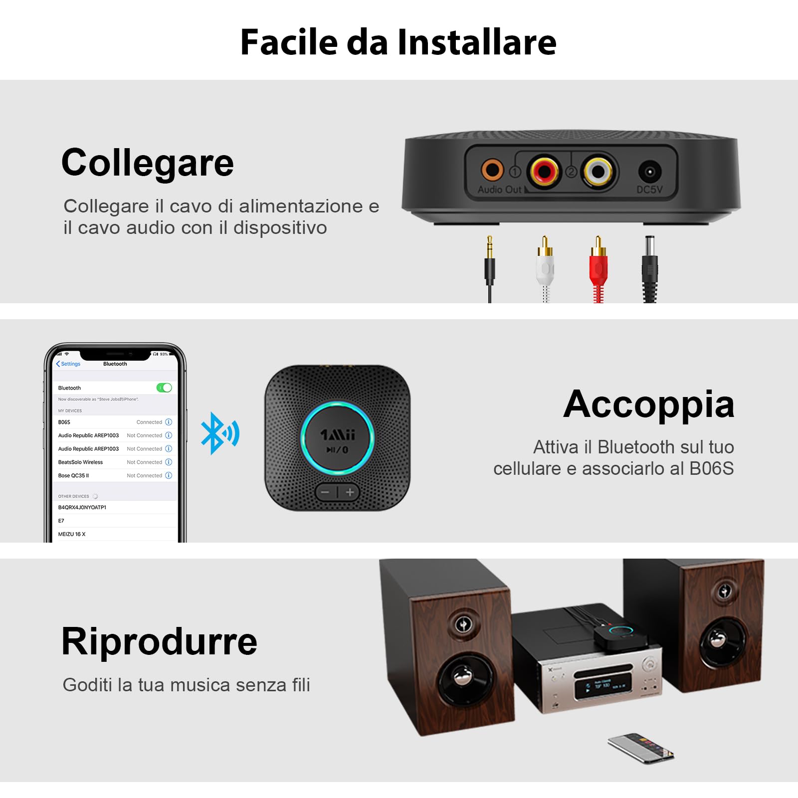 1Mii Ricevitore Bluetooth 5.3 HiFi, Adattatore Audio Bluetooth con Controllo Volume, Jack AUX e RCA aptX HD/Bassa Latenza Musica Wireless per Casse Attive, Impianto Stereo, Amplificatore, Lungo Raggio